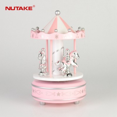 Ling pink colour silver shinning horses wooden toy carousel music box