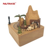 Wholesale carved engraving wind up moving train traverse the tunnel wooden music box